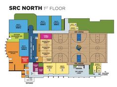 the floor plan for an indoor basketball court with seating areas, and several other amenities