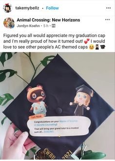 someone is holding up a graduation cap with an animal crossing new horizonss sticker on it