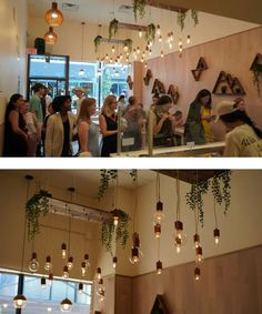 two pictures of people in a restaurant with plants hanging from the ceiling and on the walls