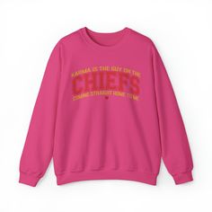 Karma Is The Guy On The Chiefs Sweatshirt, Crewneck Game Day Sweatshirt Football Sweatshirt, Coming straight home Sweatshirt 💫Ideal for any situation, a unisex heavy blend crewneck sweatshirt is pure comfort. 💫 Made with a medium-heavy fabric blend of 50% cotton and 50% polyester, this sweatshirt feels cozy and is the perfect choice for those colder months. 💫 Made using 100% ethically grown US cotton. Gildan is also a proud member of the US Cotton Trust Protocol ensuring ethical and sustainable means of production. The blank tee's dyes are OEKO-TEX-certified dyes with low environmental impact. 💫 Fabric blends: Heather Sport colors - 60% polyester, 40% cotton 📢 **Contact us if you need more information:** 👉🏿Designed specifically for individuals, companies, groups, families, or any cu Fan Apparel Long Sleeve Sweatshirt With Text Print, Pink Long Sleeve Sweatshirt For Fans, Pink Long Sleeve Sweatshirt For Fan Merchandise, Team-colored Cotton Crew Neck Sweatshirt, Pink Long Sleeve Sweatshirt For Game Day, Go Taylor’s Boyfriend Sweatshirt, Kc Chiefs Sweatshirt, Chiefs Crewneck, Yellow Crew Neck Sports Sweatshirt