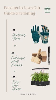 the gift guide for parents in law's gift guide gardening, gardening gloves and garden markers