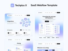 the website design for techplus x is shown in blue and purple tones, including icons