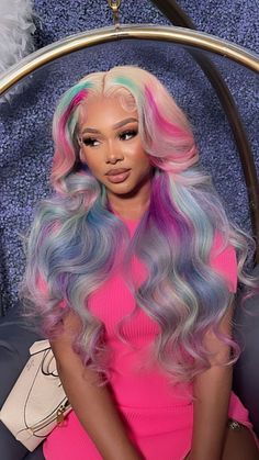 Long Wave Blonde To Gray Purple Pink Wigs Synthetic Heat Wig Lace Front Costume Hair Colorful, Rainbow Hair Color, Cute Hair Colors, Blue Wig, Pink Wig, Pretty Hair Color