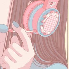 a girl with long brown hair holding a pink and blue headphone