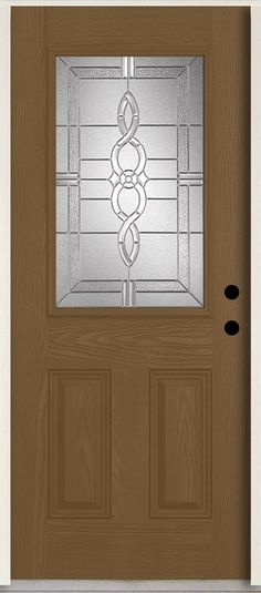 a glass door with a decorative design on the front and side panels in light brown