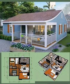 the plans for a small house are shown in two different views, and one is blue with