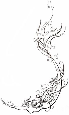 a black and white drawing of a mermaid tail with bubbles in the water on a white background