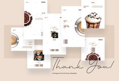 a set of six thank you cards with coffee and whipped cream on top, surrounded by other greeting cards