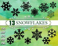 snowflakes are shown in black and white on a green watercolored background