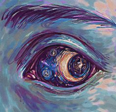 an abstract painting of the eye of a person with blue and yellow colors on it