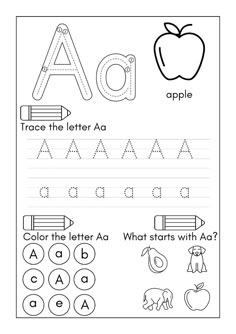 the letter a worksheet for children to practice their handwriting and writing skills with an apple