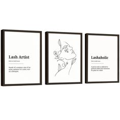 three black and white framed art prints with the words, flash artist, lahabholie