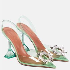 New Without Dust Bag Without Box Mint Green Heels, Muaddi Shoes, Amina Muaddi Begum, Amina Muaddi Shoes, Bridal Clutch Bag, Mid Heels Pumps, Glitter Sandals, Polyvinyl Chloride, Satin Pumps