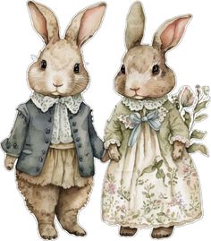 two rabbits dressed in clothes and holding hands