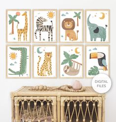 a set of four children's wall art prints featuring animals and giraffes