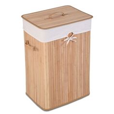 a wooden box with a lid and handles on the top is decorated with white ribbon