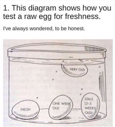 an image of a can with eggs in it and the caption says, this diagram shows how you test a raw egg for freshness