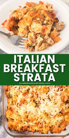 Italian Breakfast Strata pin collage Italian Egg Casserole, Italian Breakfast Casserole, Strada Recipe Breakfast, Italian Brunch Ideas, Deliciously Entertaining, Lydia Bastianich, Firehouse Meals, Italian Brunch, Strata Recipes Breakfast