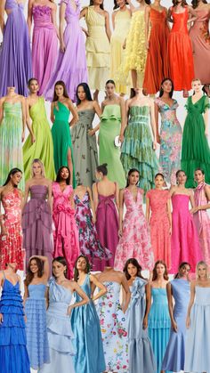 many different colored dresses are shown in this collage, including one woman's dress and