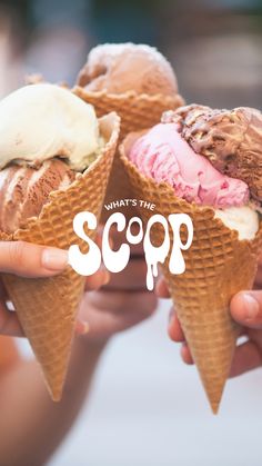 three scoops of ice cream are being held by two hands with the words what's that scoop?