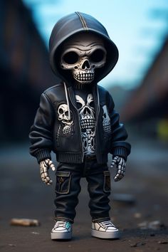 a toy with a skull wearing a hoodie