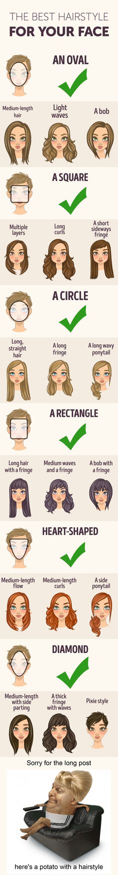 The best hairstyle for your face shape. - 9GAG Obličejové Masky, Wavy Hairstyle, Face Shape Hairstyles, Trendy Hairstyle, Easy Hairstyle, Short Hairstyle, Oval Faces, Face Shape