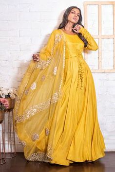 Shop for Vasavi Shah Yellow Bamberg Silk Anarkali With Embroidered Dupatta for Women Online at Aza Fashions Yellow Anarkali Dress For Haldi, Yellow Anarkali Dress, Yellow Anarkali, Open Umbrella, Haldi Outfits, Reception Bride, Character Wardrobe, Function Dresses, Party Reception