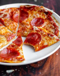 slices of pepperoni pizza on a white plate