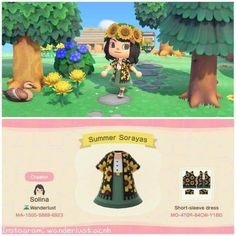 an animal crossing character is standing in front of some trees and flowers, with the caption summer sorayas