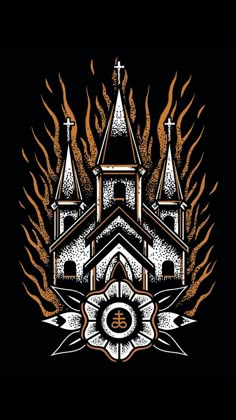 a drawing of a church on fire with the letter s in it's center