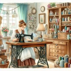 a painting of a woman working on a sewing machine