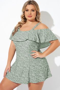 Floral Ruffle Cold Shoulder Women Swimdress Off-shoulder Sundress With Ruffles, Green Mini Dress With Ruffled Straps And Details, Off-shoulder Sundress With Ruffles For Vacation, Off-shoulder Ruffled Sundress For Vacation, Green Fitted Mini Dress With Ruffle Sleeves, Spring Off-shoulder Ruffle Dress, Off-shoulder Ruffled Sundress For Brunch, Green Flutter Sleeve Mini Dress With Ruffles, Green Mini Dress With Flutter Sleeves And Ruffles