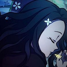 an animated image of a woman with long black hair holding a flower in her hand