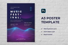 a4 poster template with abstract waves on the front and back cover for music festival