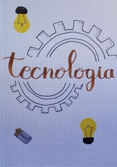 there is a sign that says tecnologia with many different lightbulbs