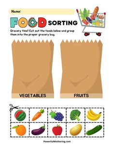 an image of food sorting worksheet with fruits and vegetables in the grocery bag