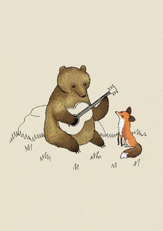 a drawing of a bear playing the guitar and a fox sitting on the ground next to it