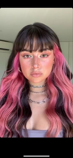 Dyed Crown Of Hair, Underhair Dye With Bangs, Two Color Hair With Bangs, Colored Front Hair Streaks, Not Boring Brown Hair, Pink Front Highlights, Partial Peekaboo Highlights, Lilac Hair With Bangs, Pink Underlights Brown Hair