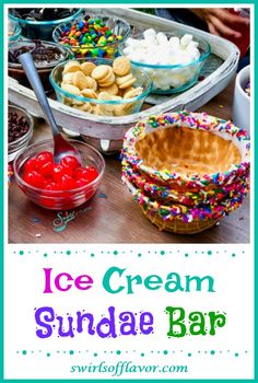 an ice cream sundae bar with sprinkles and toppings