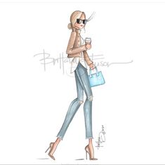 a drawing of a woman in jeans and heels holding a blue purse, with her hand on