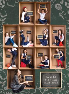 a group of people sitting in boxes with chalkboards on them