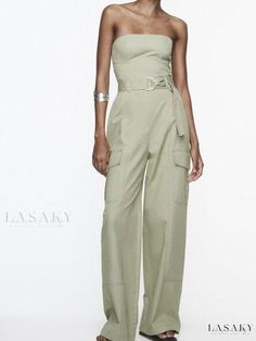 Lasaky - Stylish Backless Loose-Fit Strapless Jumpsuit with Waist Tie Khaki Jumpsuit, Sparkly Jumpsuit, Tuxedo Jumpsuit, Olive Green Jumpsuit, Brown Knit Sweater, Wrap Dress Short, Colorful Jumpsuit, Zara Jumpsuit, Black Playsuit