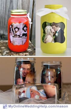 mason jars decorated with photos and ribbons are shown in three different styles, including one for baby's first year