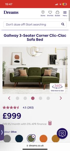 an advertisement for a sofa in a living room with the text galaxy 3 seat corner clic - clac