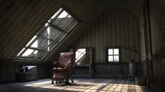 an empty room with large windows and a chair