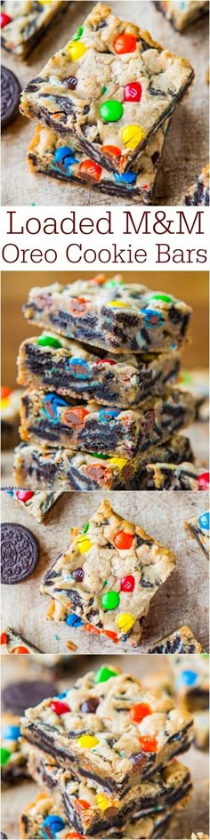 loaded m & m oreo cookie bars are stacked on top of each other