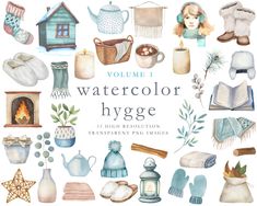 watercolor hygge clipart set with teapots, books and other items