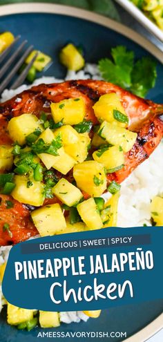 pineapple jalapeno chicken with rice and cilantro on a blue plate