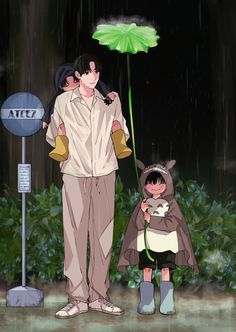 two people standing in the rain with an umbrella over their heads and one holding a child's hand