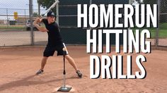 a man holding a baseball bat while standing on top of a dirt field with the words homer hitting drills in front of him